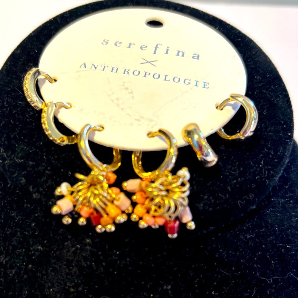 Serefina by Anthologie 3 pair of earrings, danity  Goldtone, pink, white, beige